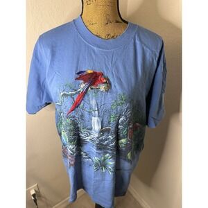 Vintage 90s  Habitat XCIV Island Parrot Double Sided Blue Tee T-Shirt Size L